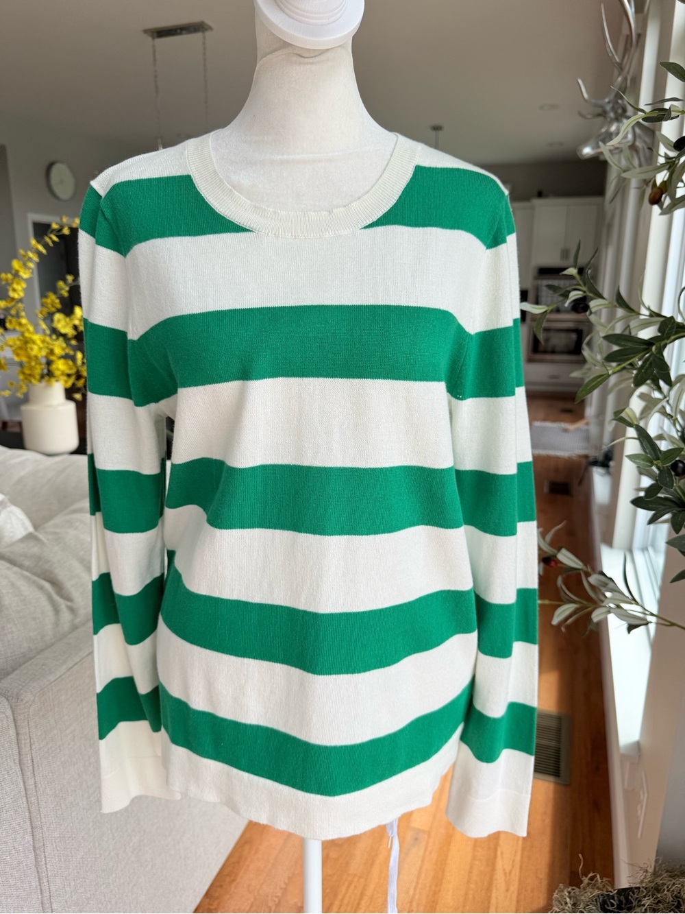 J. Crew Green and White Striped Scoop-Neck Sweater